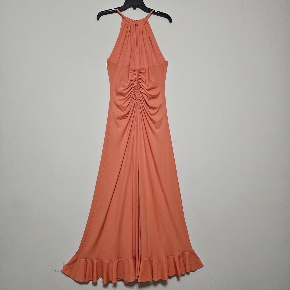 Badgley Mischka Dress Size 0 Fit X Orange Halter Ruched Sleeveless Long Maxi 350 - Picture 11 of 16